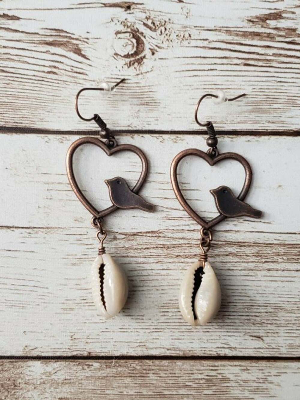 Beautiful Bird in Heart With Shell Dangle Earrings - New